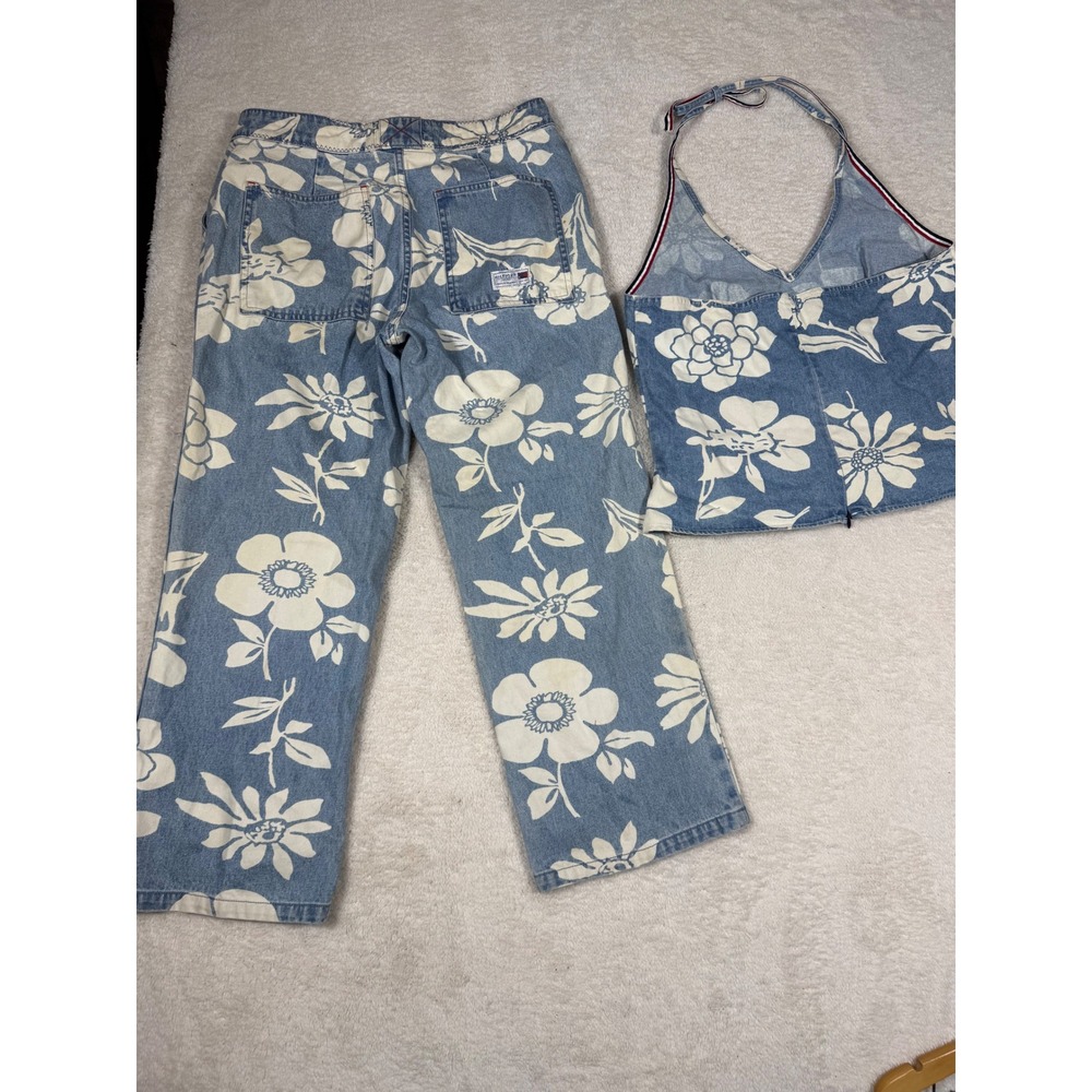 Tommy Hilfiger Floral Denim Set Women 10 Blue Vintage 90s Y2K Hibiscus Pant - Picture 7 of 16